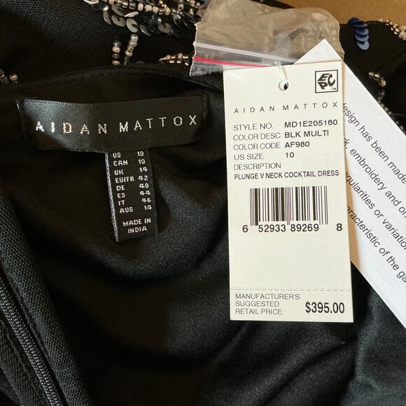 Aidan Mattox Beaded Deep V-Neck Midi Sheath Sparkly Cocktail Dress Black Size 10 - Picture 10 of 13